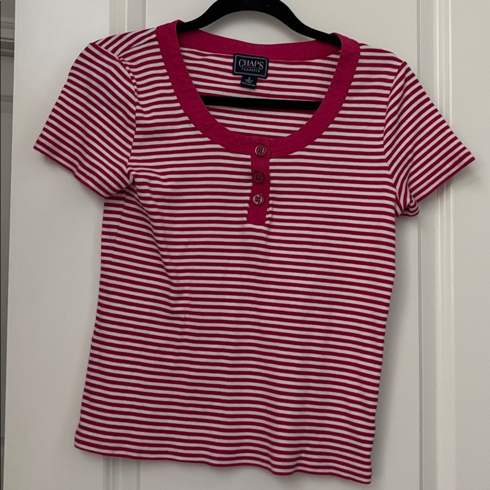 Chaps Pink and White Striped Henley Top
